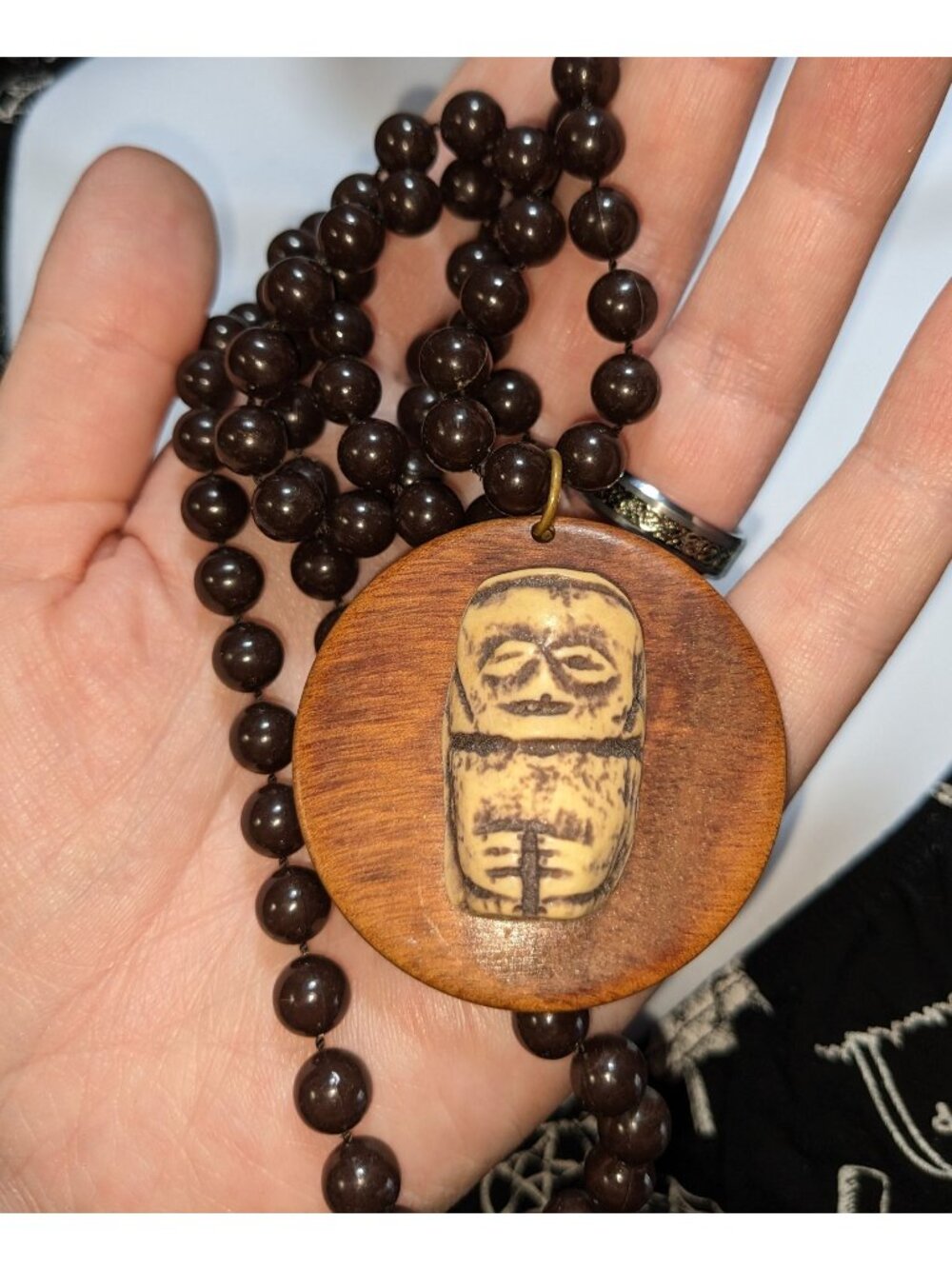Hand-Carved Wooden Beaded Necklace With Tribal-Inspired Pendant